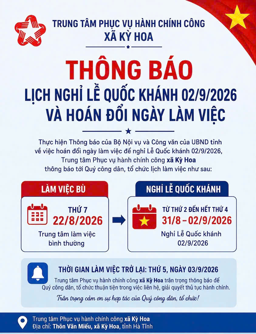 Thông báo lịch nghỉ lễ Quốc khánh 02/9/2026 và hoán đổi ngày làm việc của Trung tâm Phục vụ hành chính công xã Kỳ Hoa