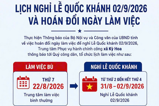 Thông báo lịch nghỉ lễ Quốc khánh 02/9/2026 và hoán đổi ngày làm việc của Trung tâm Phục vụ hành chính công xã Kỳ Hoa 